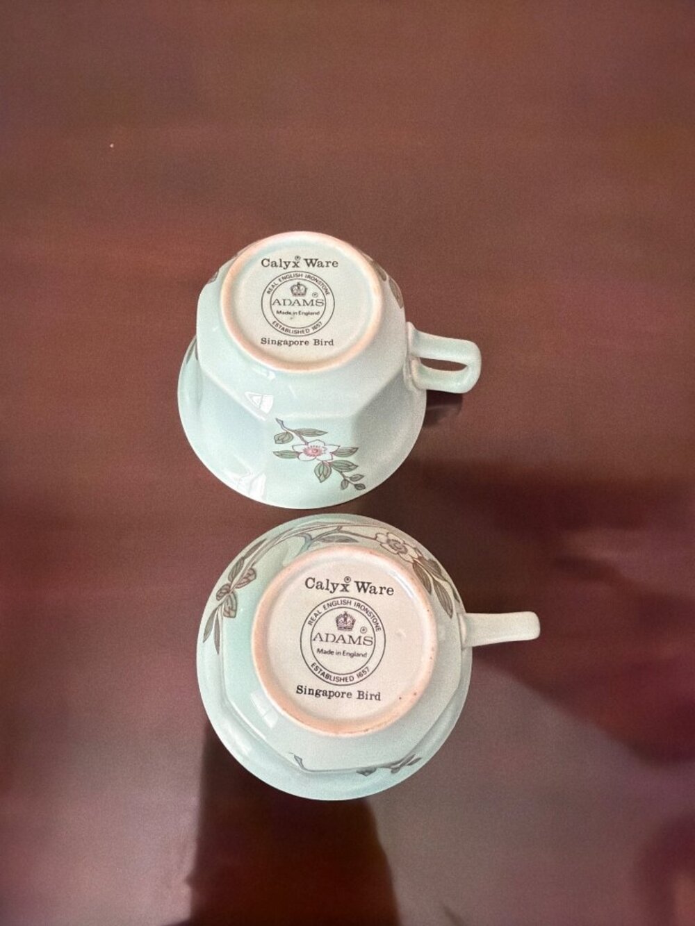 Vintage Adams Calyx Ware Singapore Bird Ironstone Teacups Aqua England Set of 2 - Picture 7 of 12
